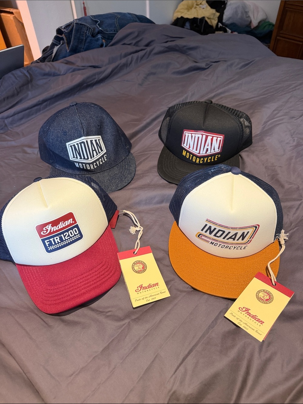 NWT FOUR BUNDLE Indian Motorcycle Men's Black & Blue Logo Snapback Hats